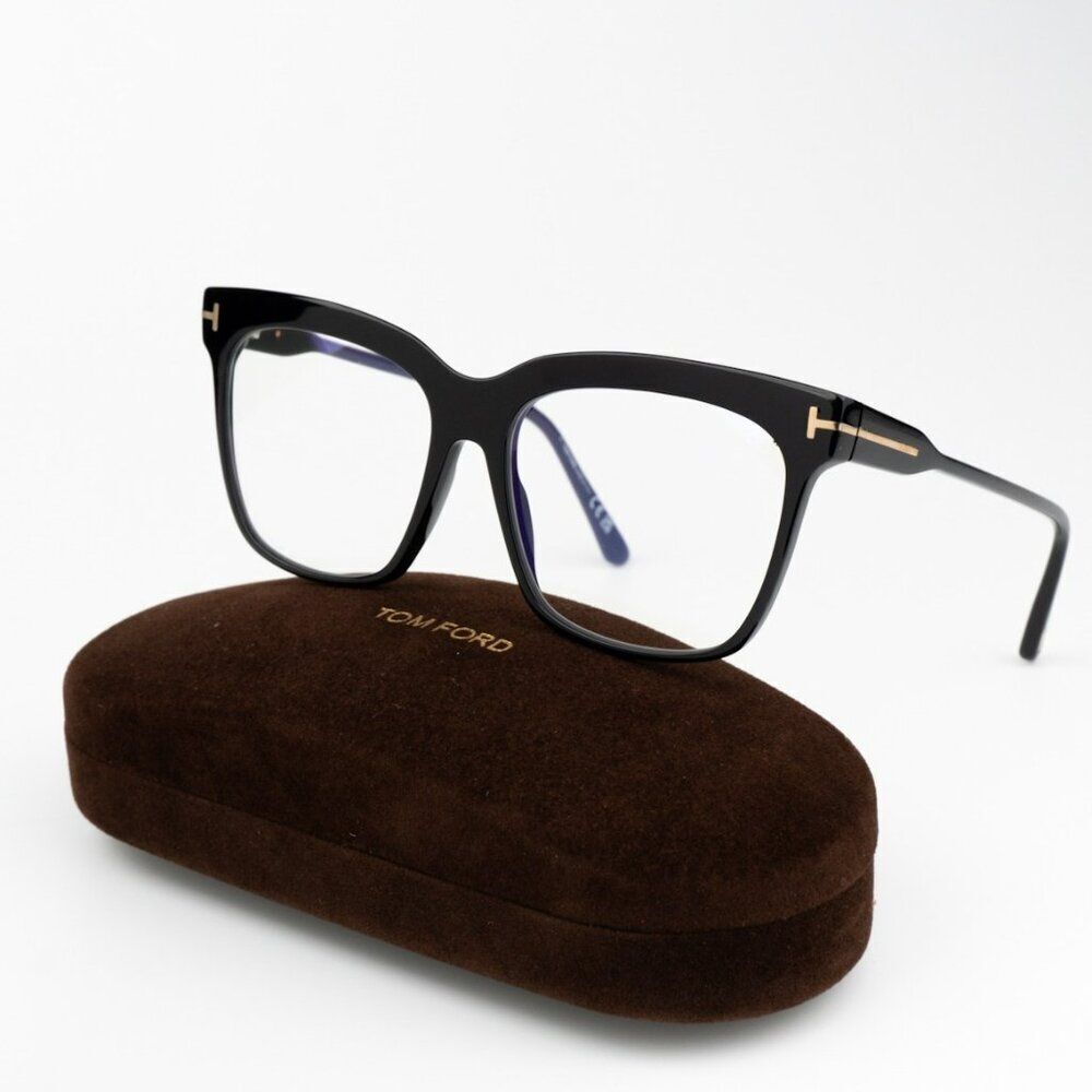 NEW Tom Ford FT5768-B 001 Shiny Black Blue Block Square Women Eyeglasses TF 5768